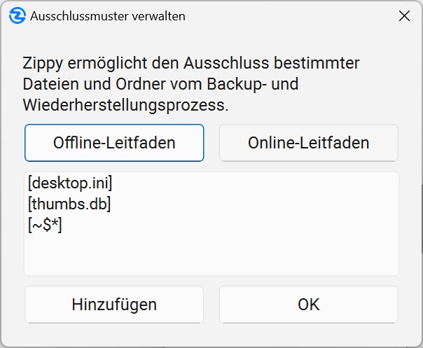 Dialog für Ausschlussmuster
