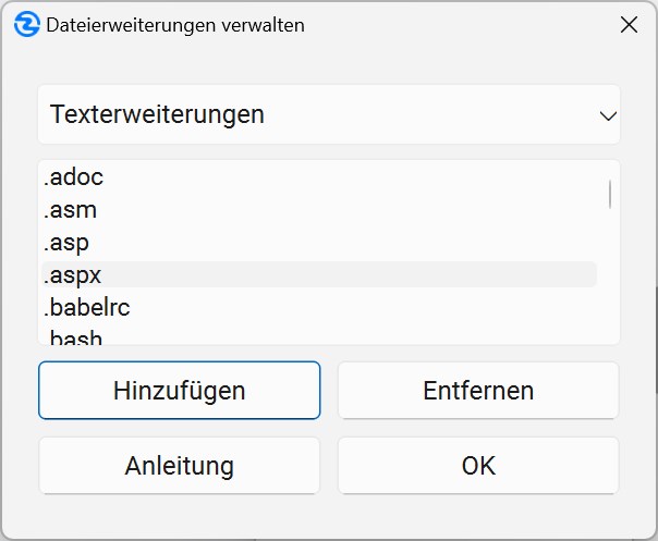 Dialog zur Verwaltung von Dateierweiterungen