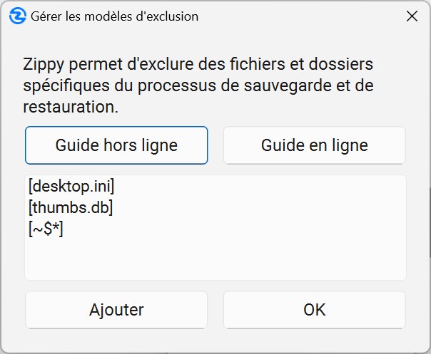 Boîte de dialogue des modèles d'exclusion