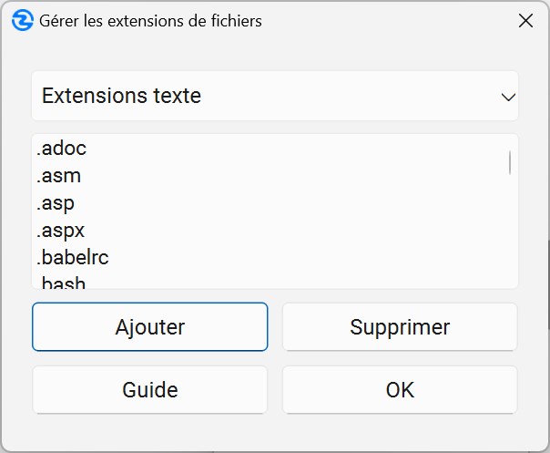 Boîte de dialogue de gestion des extensions de fichiers