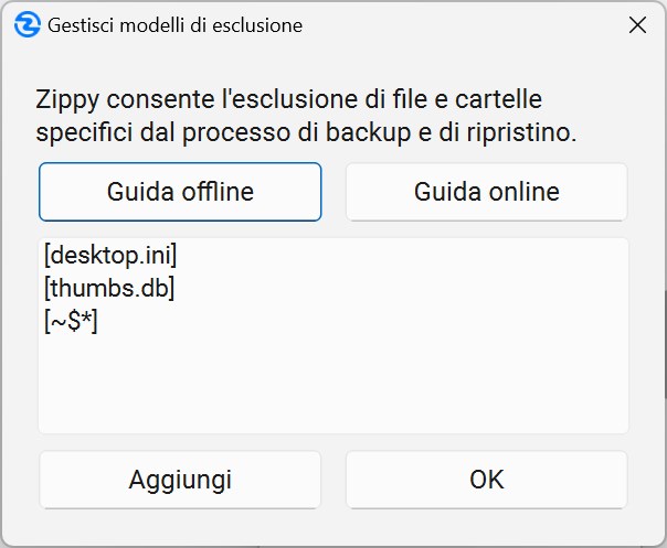 Finestra di Dialogo Pattern di Esclusione