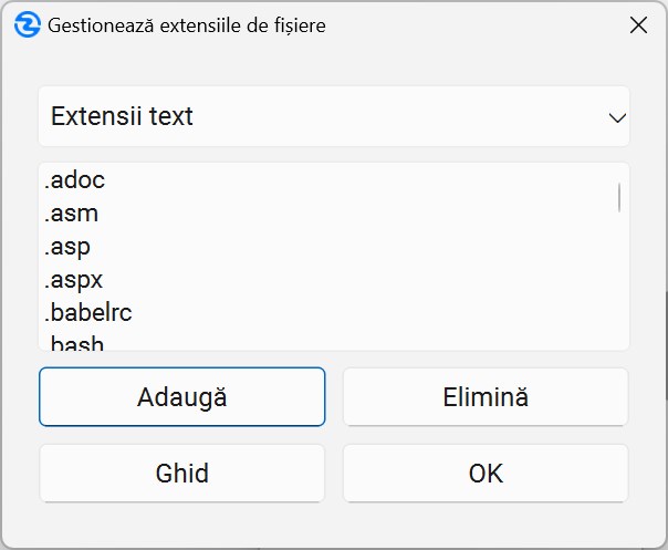 Dialogul de gestionare a extensiilor de fișiere